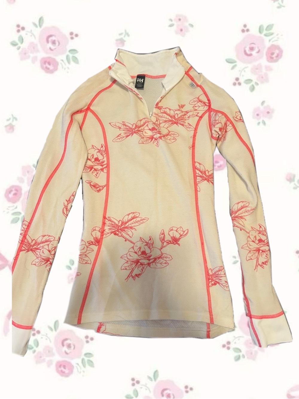 Helly Hansen Cream Long-Sleeve Floral Quarter-Zip Top with Coral Accents